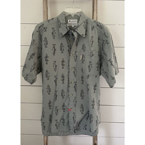 Columbia Men's Shirt Short Sleeve Button Up Fish Print Green Gray Size Medium - Picture 1 of 6